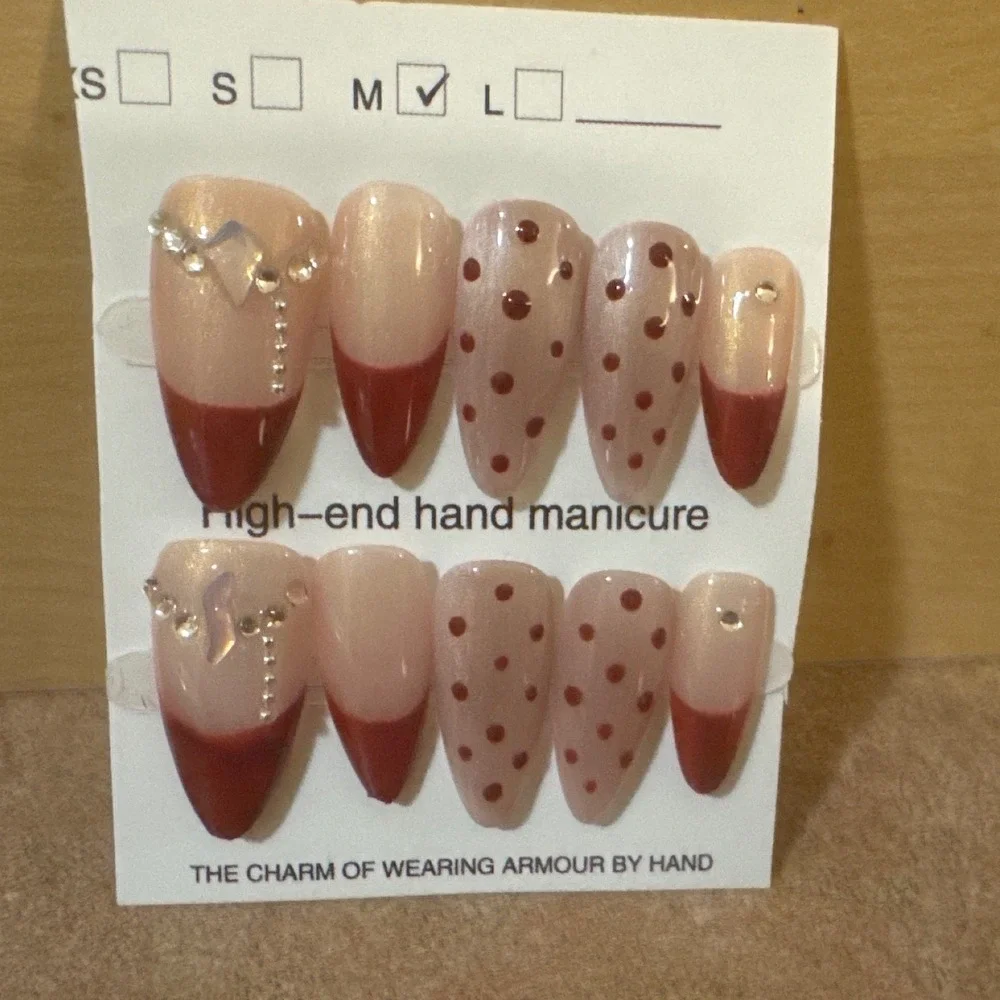 High-End Hand Manicure Press-On Nails Red French Tip Polka Dot Rhinestone Size M